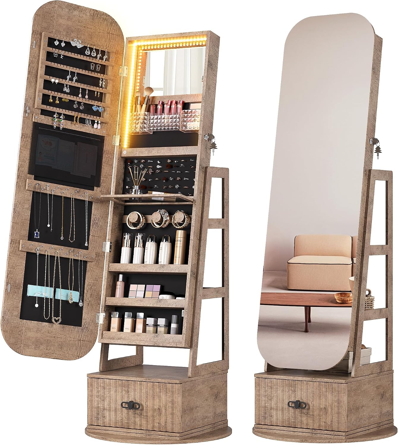 Full Length Mirror Jewelry Armoire - 360° drehbarer Schmuckschrank mit Ganzkörperspiegel