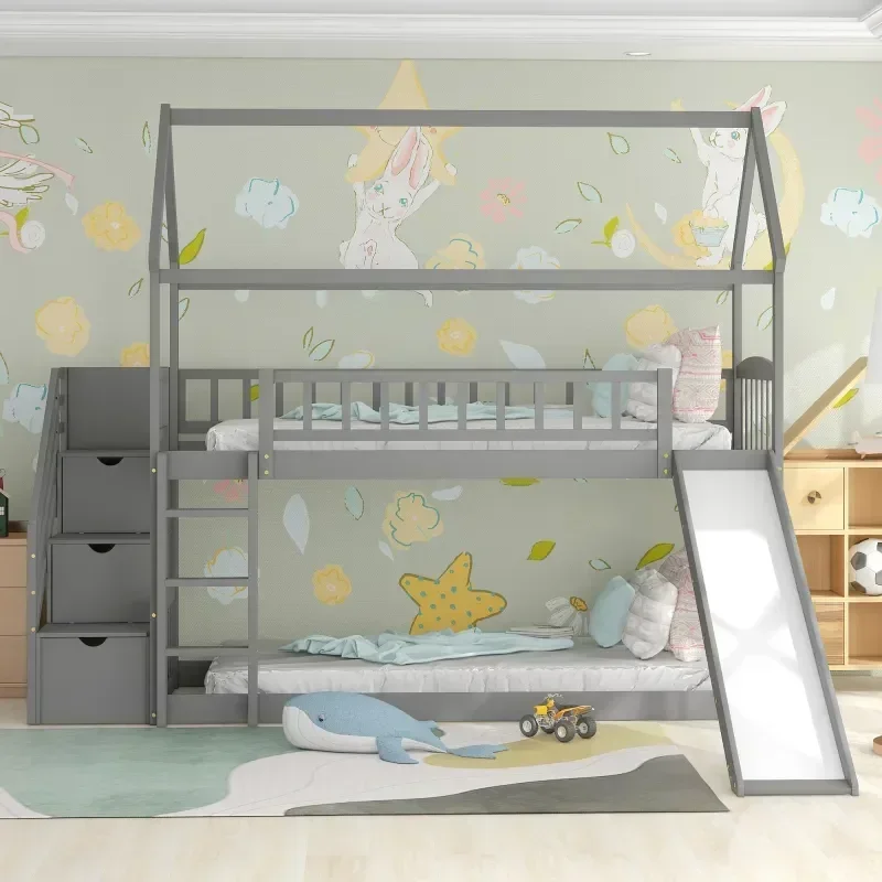 Bunk Bed With Stairs And Slide - Massives Kinder-Doppelbett aus Holz, Etagenbett mit