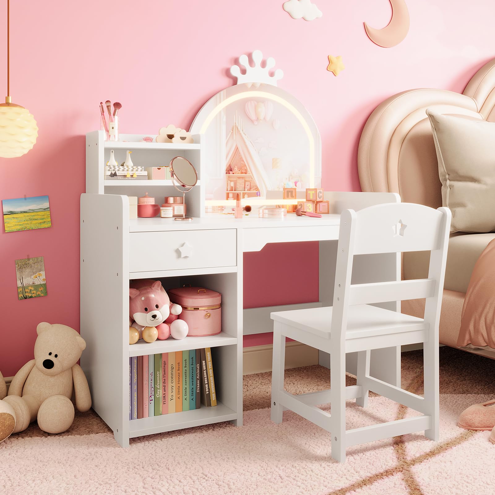Dressing Table Vanity With Lighted Mirror - Kinder-Schminktisch & Stuhl-Set - Kronen-LED-beleuchteter Spiegel,