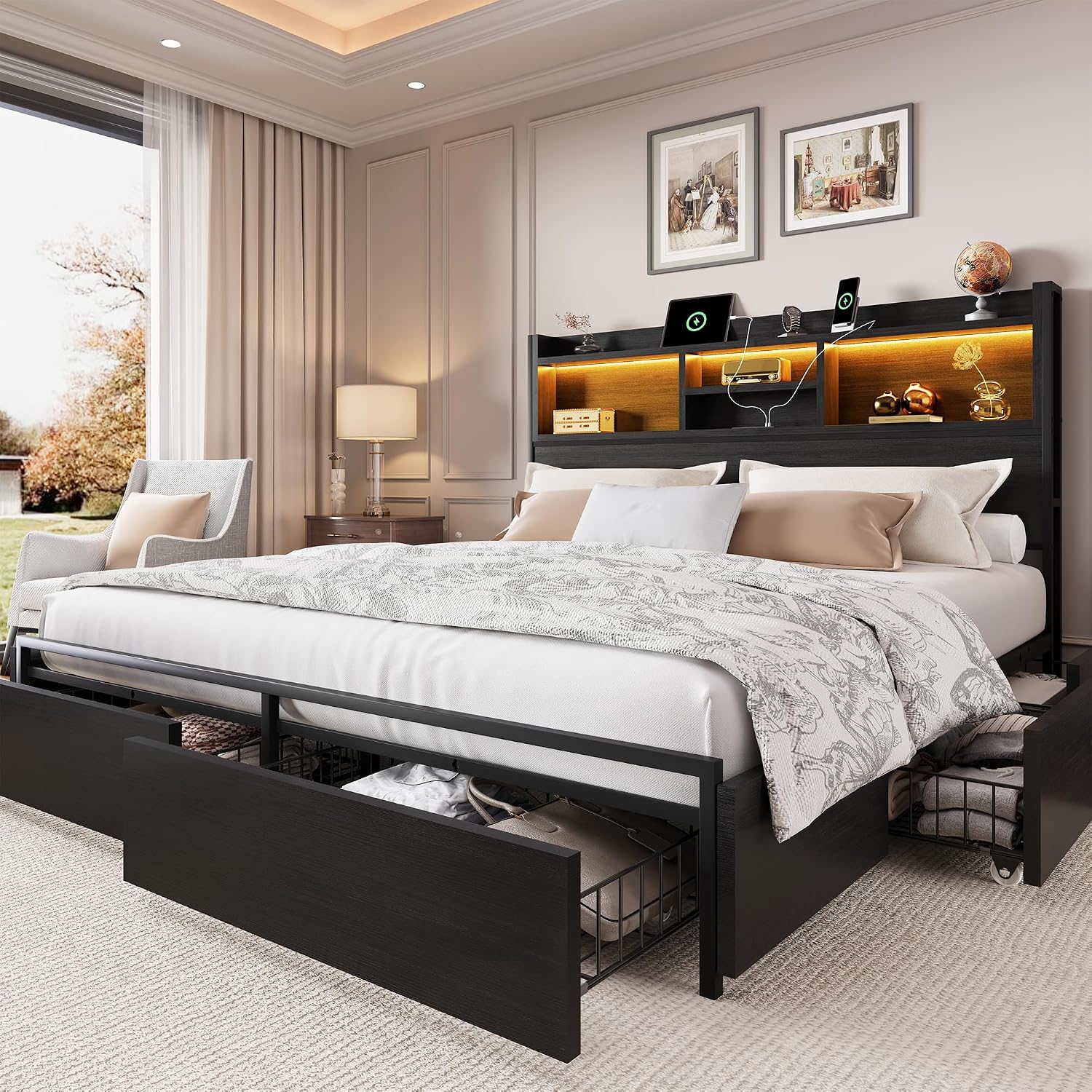 King Size Bed Frame With Storage Drawers - Kingsize-Bettgestell mit 6 Aufbewahrungsschubladen und Kopfteil,