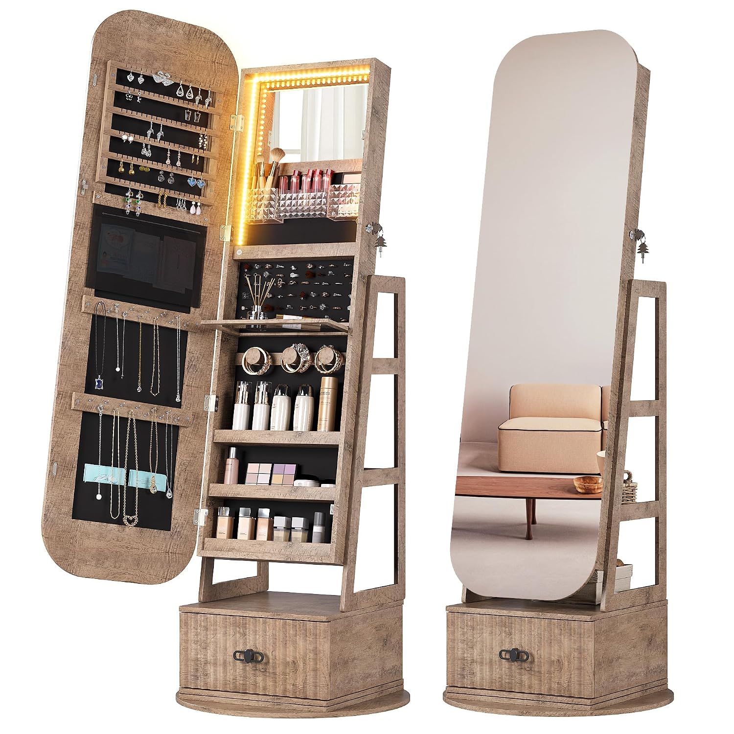 Full Length Mirror Jewelry Armoire - 360° drehbare Schmuckorganizer mit Ganzkörperspiegel