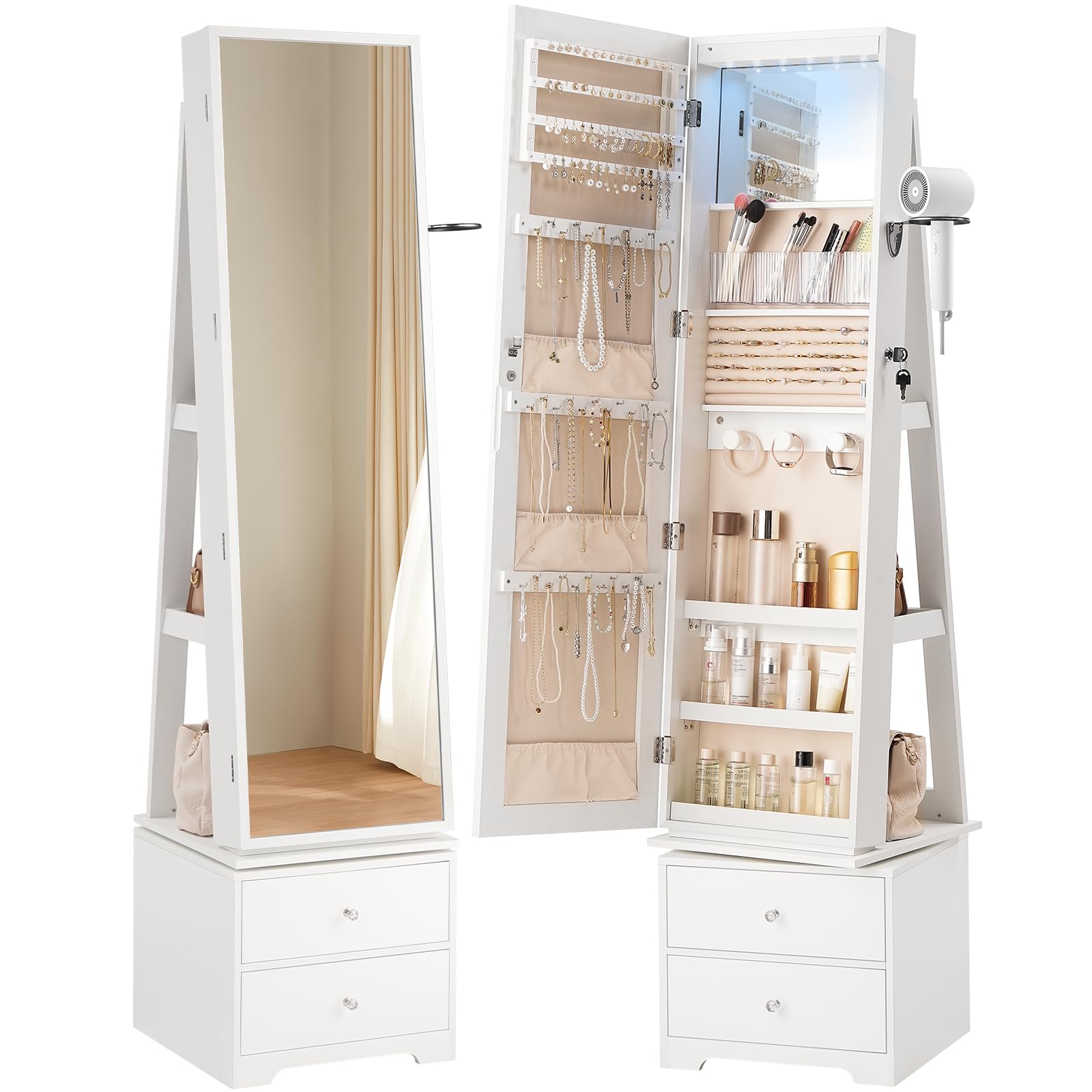 Full Length Mirror Jewelry Armoire - 360 ° Drehbarer Schmuckschrank mit LED-Beleuchtung,