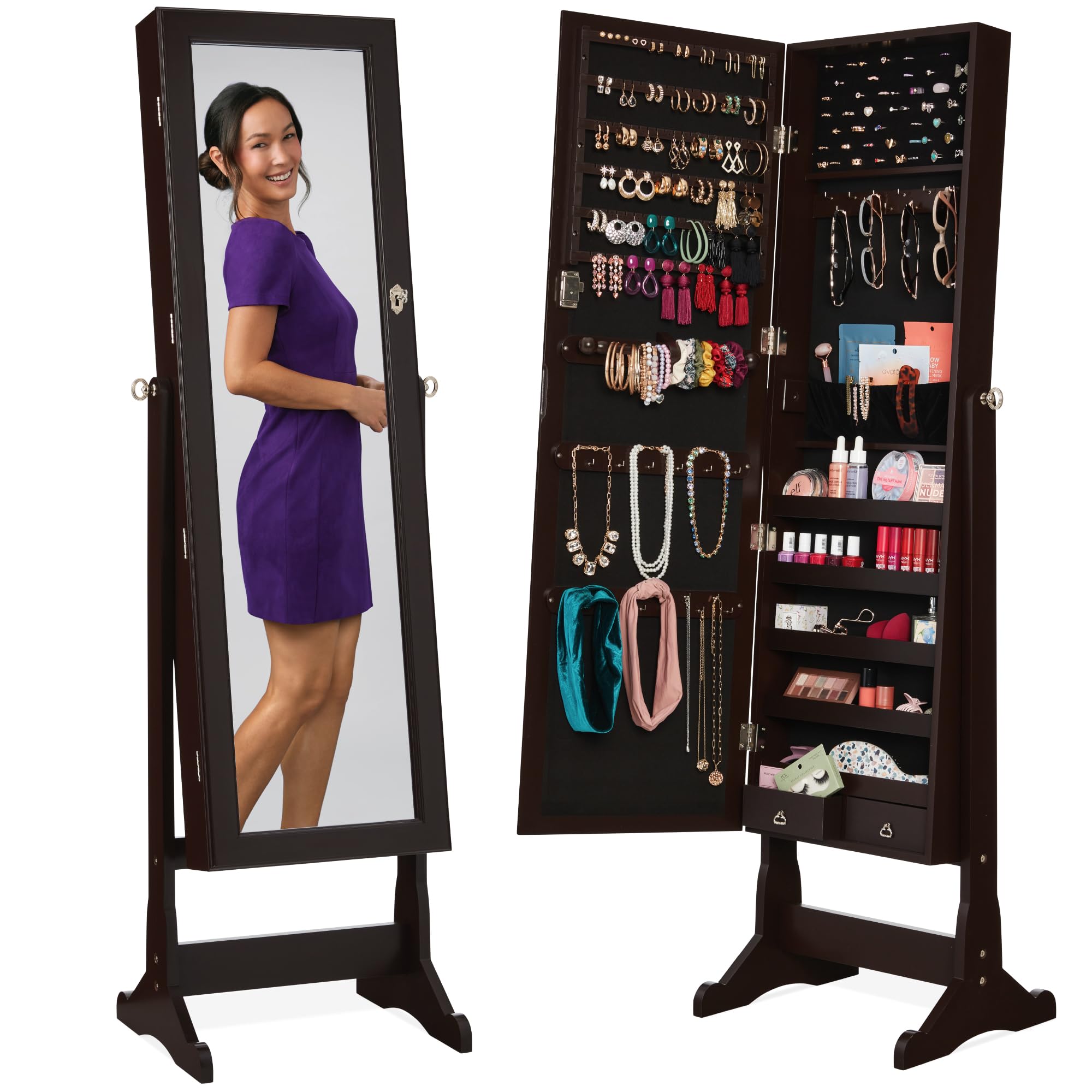 Full Length Mirror Jewelry Armoire - Freistehender Schmuckschrank, Ganzkörperspiegel, abschließbarer Organizer zur