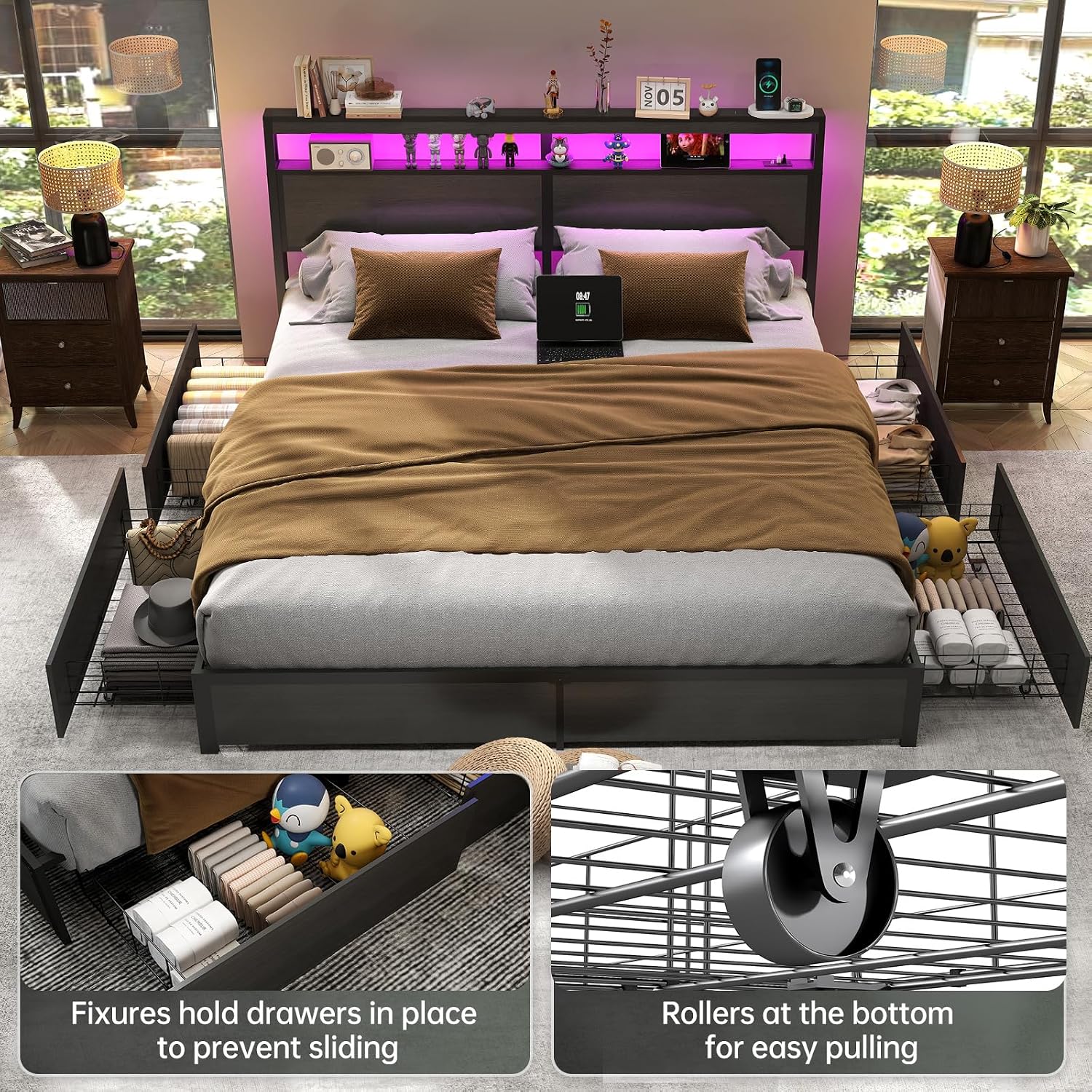 Kingsize-Bettgestell mit LED-B – King Size Bed Frame With Storage Drawers Bewertung und Preis
