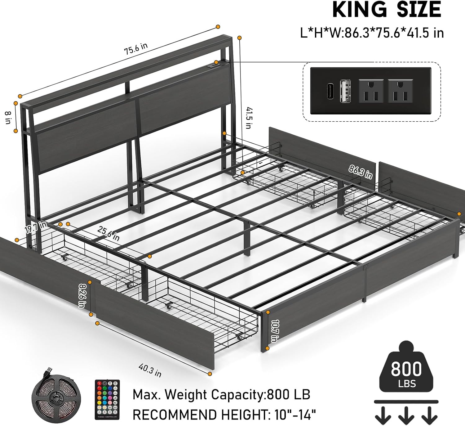 Kingsize-Bettgestell mit LED-B – King Size Bed Frame With Storage Drawers Bewertung und Preis