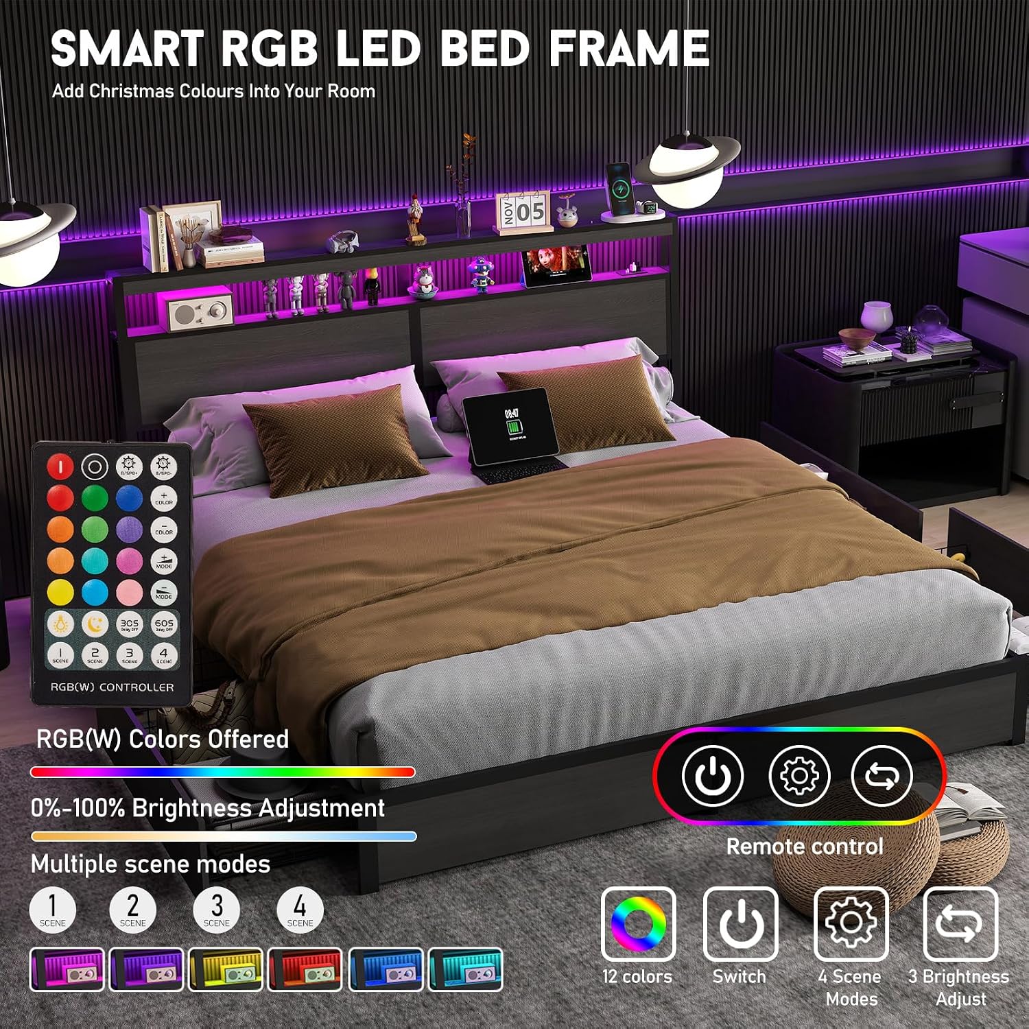 Kingsize-Bettgestell mit LED-B – King Size Bed Frame With Storage Drawers Bewertung und Preis
